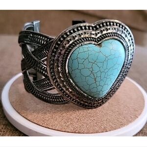Heart Shaped Turquoise Stone Silver Toned Cuff Bracelet Adjustable